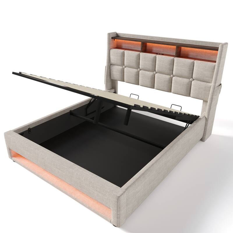 Natural Full Size Upholstered Platform Bed with Hydraulic Storage System, LED and USB Charging