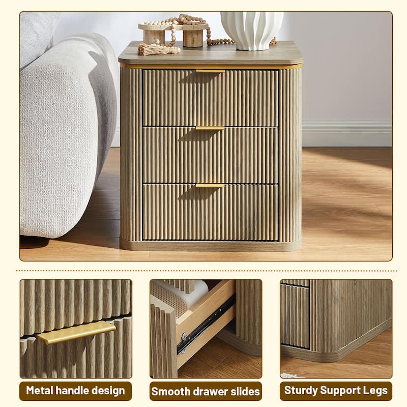 24" Mid Century Modern Fluted 3 Drawers Nightstand, Large End Table