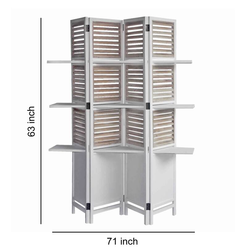 Contemporary 4 Panel Wooden Screen with Art Styled Shutter Design, White