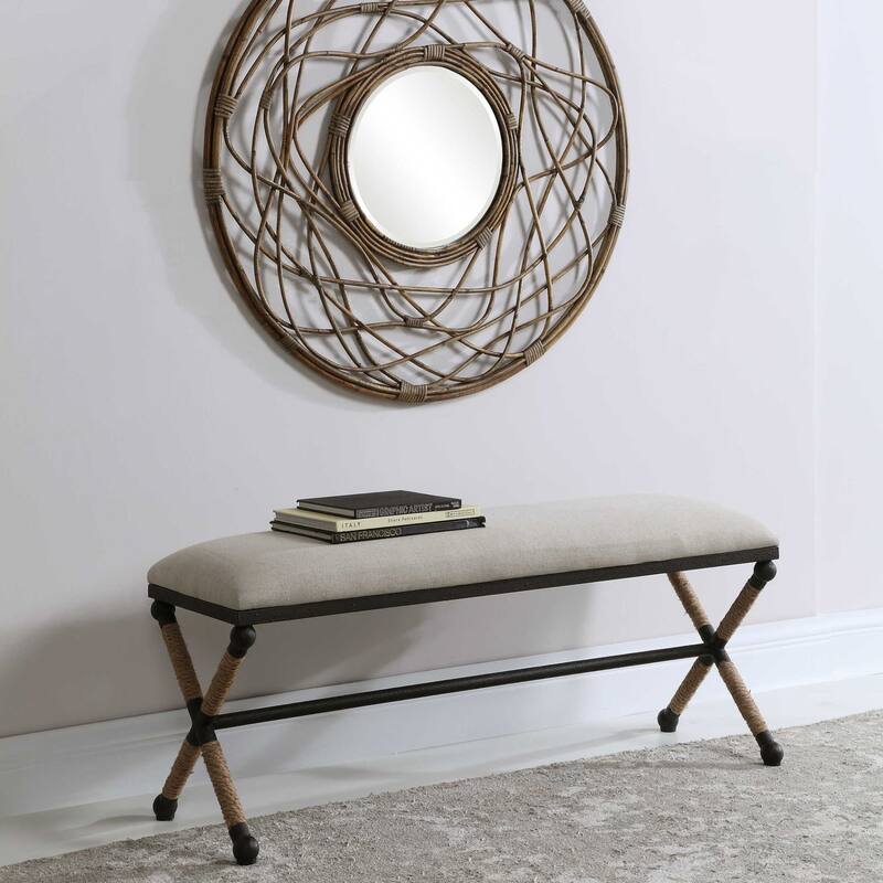 48" Pale Gray and Black Upholstered Accent Bench