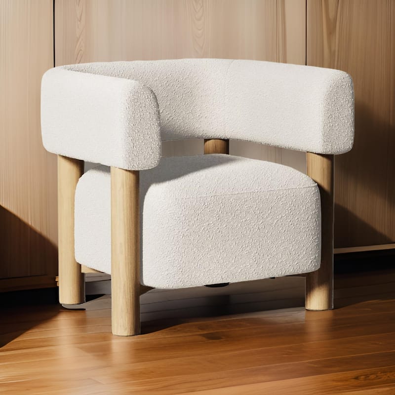 31 Inch Accent Chair, Modern Brown Wood Frame, White Fabric Upholstery