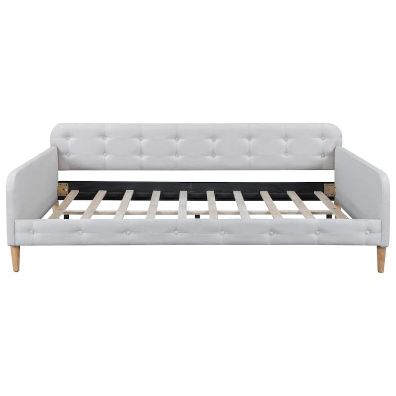 Bedroom Full Size Bed Frame, Upholstered Linen Daybed with Button Design Backrest Headboard and Pine Wood Slat Support