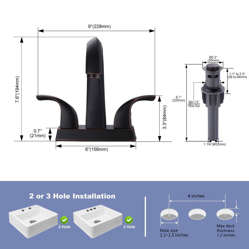 WOWOW 4 in. Centerset Double-Handle Bathroom Faucet with Pop Up Drain