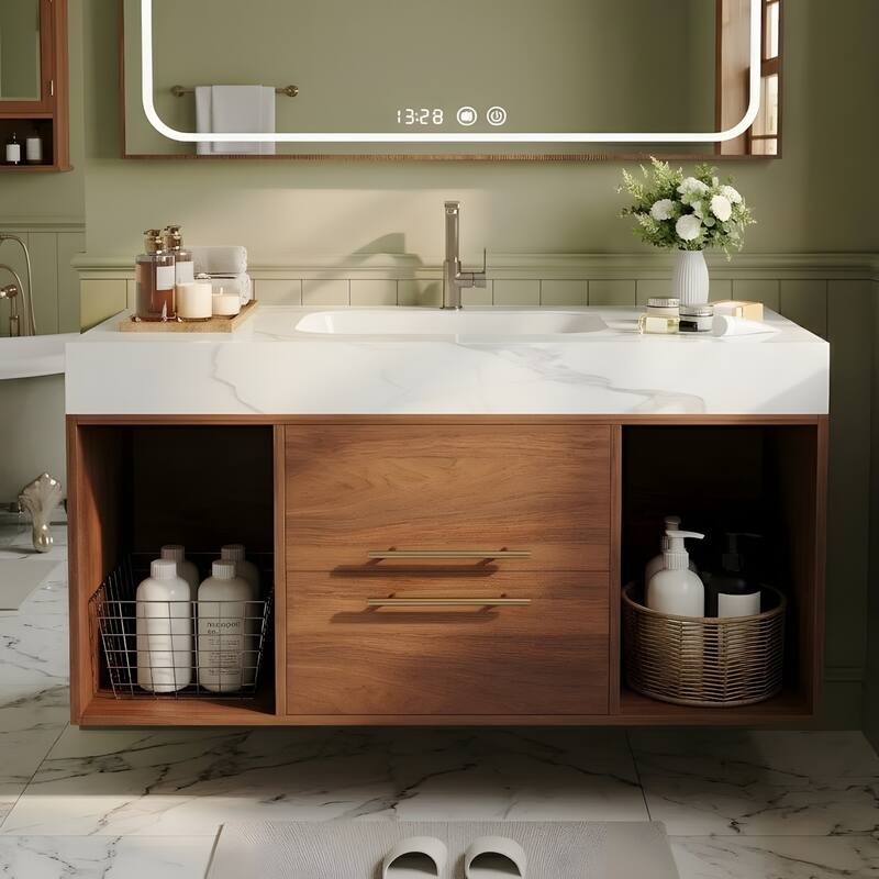 39.4" Ceramic Sink Bathroom Vanity, Floating Bathroom Vanity - Walnut/White