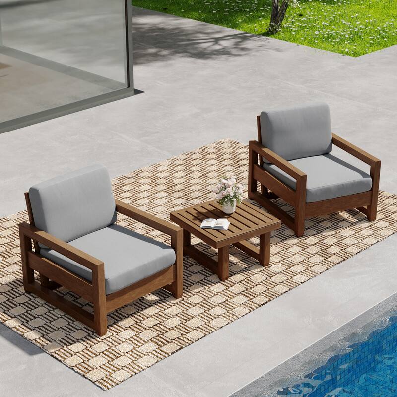 3-Piece Teak Wood Chair Outdoor Patio Conversation Set with Table