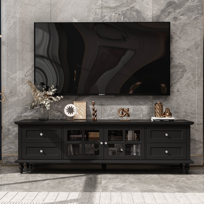 Modern White TV Stand w/Glass Doors and Drawers Entertainment Console - 70.9"