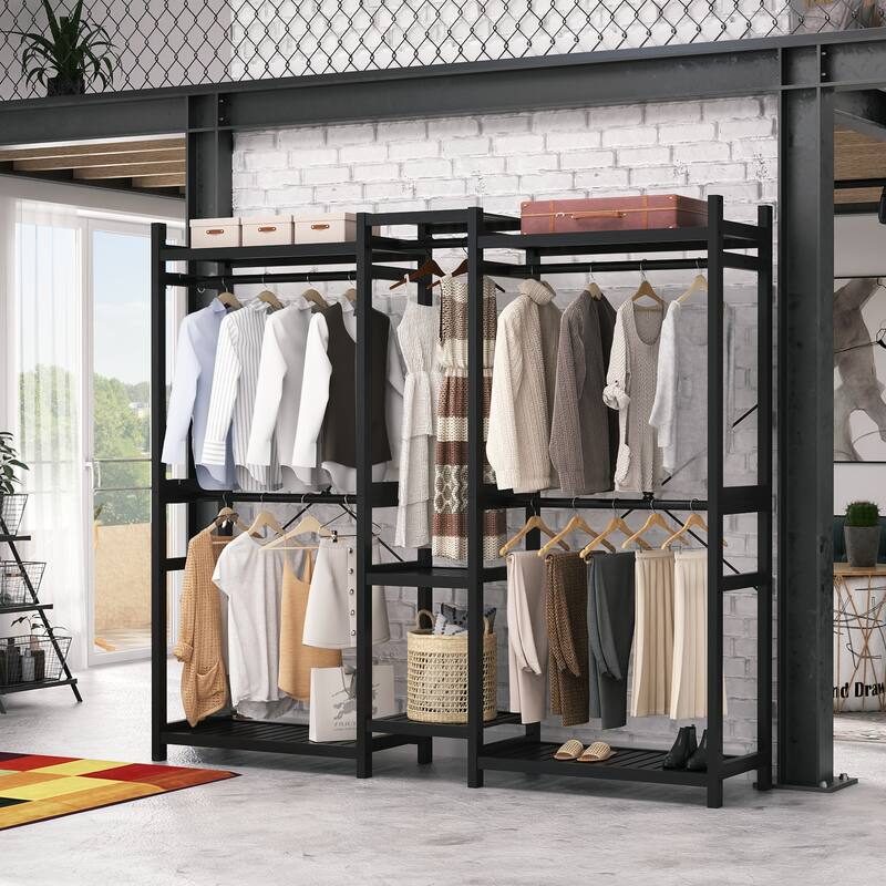 Bamboo Closet System Clothes Rack, Large Freestanding Garment Rack Clothing Rack for Hanging Clothes