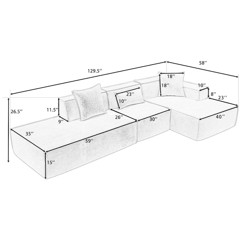 129.5'' L-Shaped 4 Seater Modular Sofa Set with Chaise, Soft Terrycloth Fabric, Perfect for Living Rooms