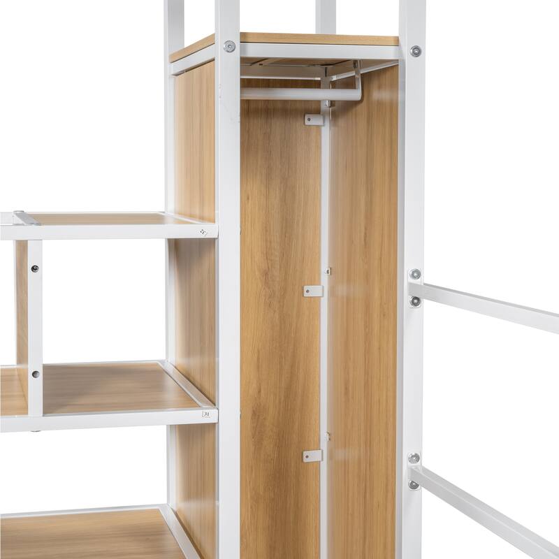 Gaming Metal Loft Bed with Built-in Work Station & Wardrobe, Heavy Duty Loft Bed Frame with Storage Staircase and LED Lights