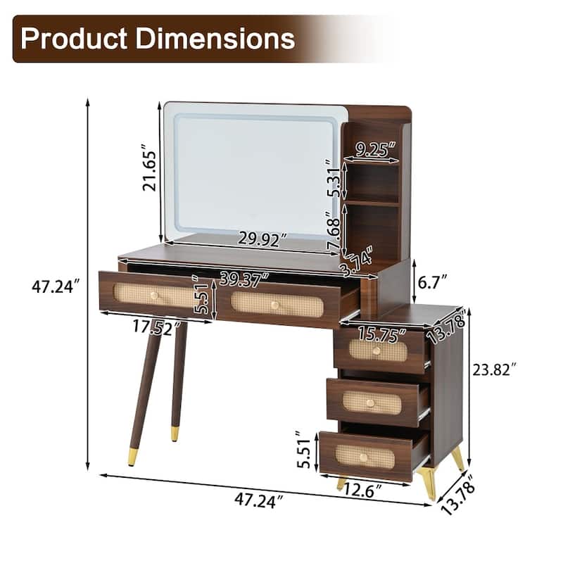 47.24" Rustic Makeup Vanity Desk with Mirror and Adjustable Lights, Rattan Drawers