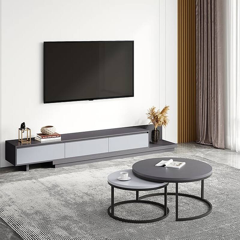 Extendable 118" Modern TV Stand with 3 Spacious Drawers, Adjustable Length Media Console for Living Room