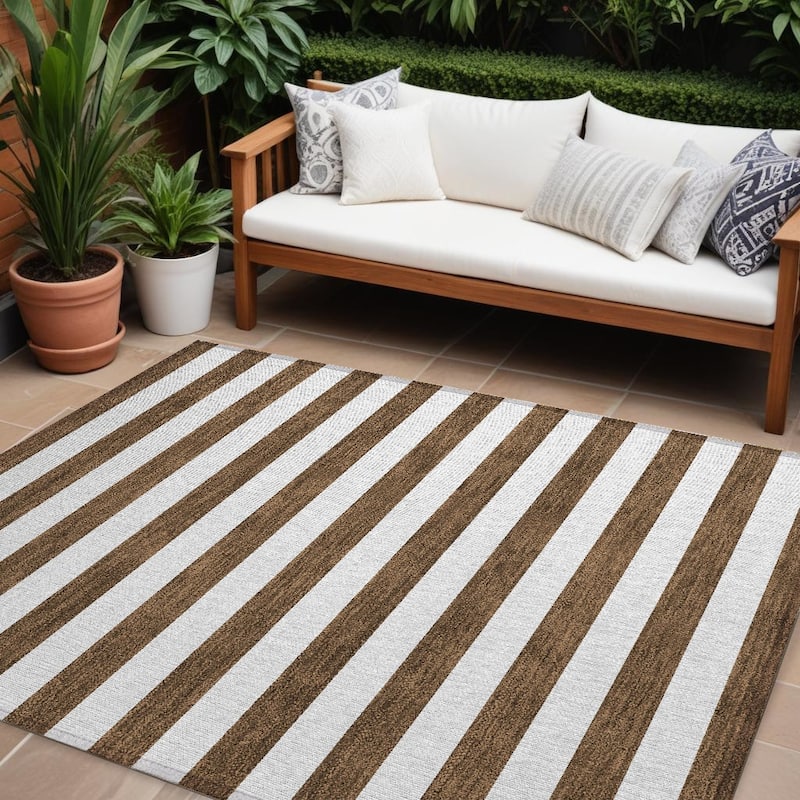 Almosi Stripe Weather Resistant Blended Style Outdoor Rug - 10' X 14' - Chocolate