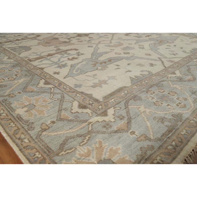 Beige Floral Oushak Indian Area Rug Hand-Knotted Wool Carpet - 8'1" x 9'10" - Ivory/Beige - 8'1" x 9'10"