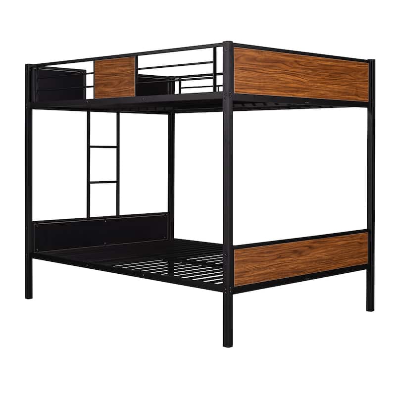 Full over Full Size Metal Bunk Bed Modern Style Steel Frame with Safety Rail, Built-in Ladder