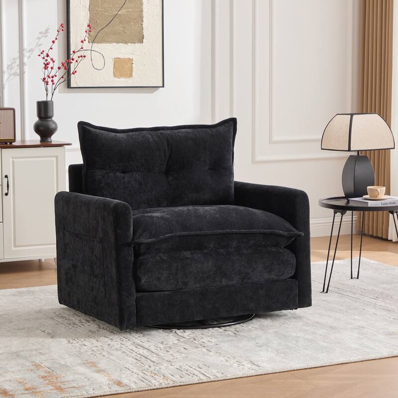 Swivel Barrel Chair - Mid Century Modern Chair, Thick Padded Arm Chair with Solid Metal Base, Comfortable Single Sofa Chair