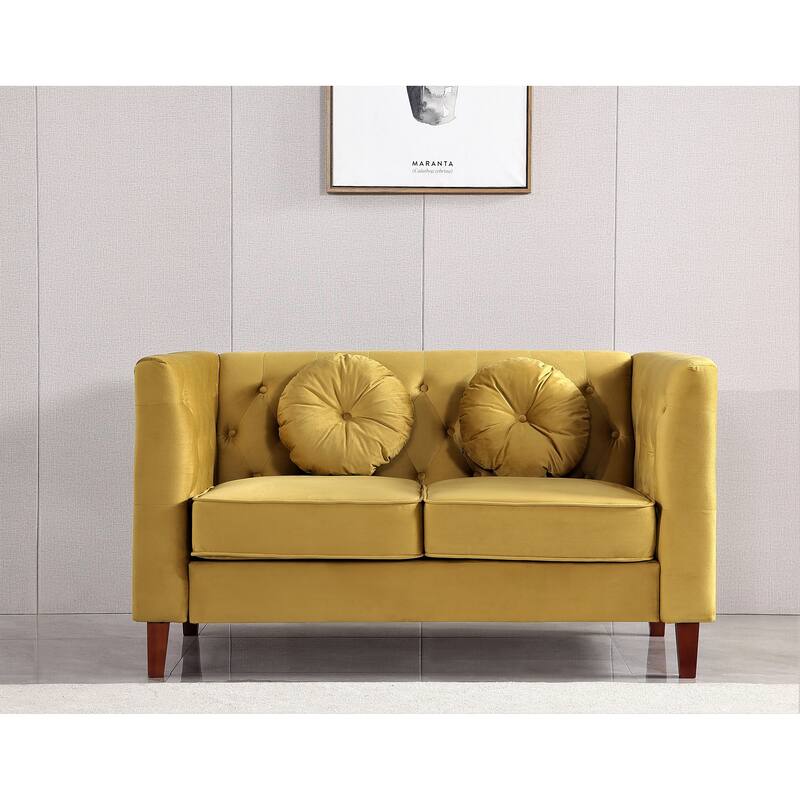 US PRIDE FURNITURE Velvet Classic Chesterfield Loveseat with Wood legs - Yellow Green