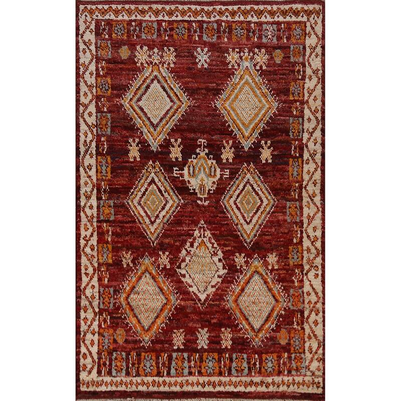 Red Geometric Moroccan Oriental Rug Hand-Knotted Wool Carpet - 3'9" x 6'5"
