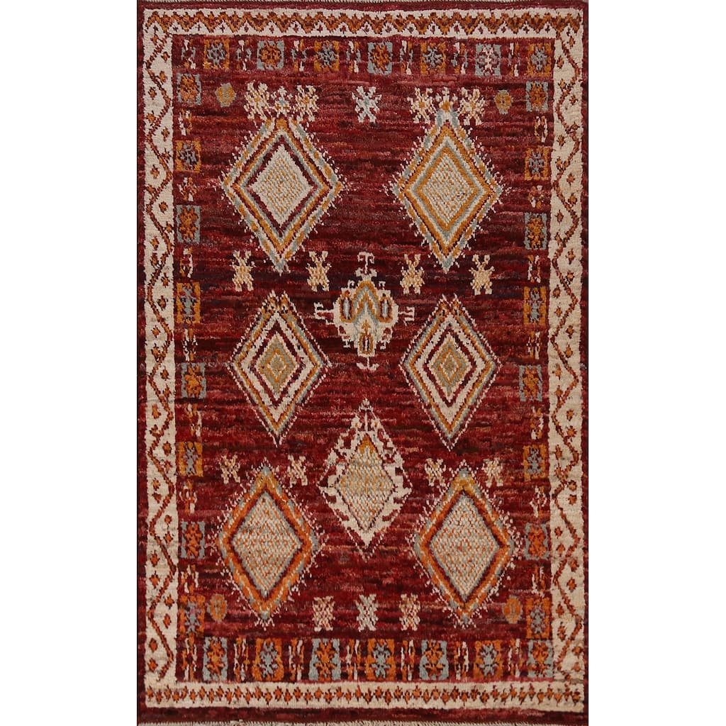 Red Geometric Moroccan Oriental Rug Hand-Knotted Wool Carpet - 3'9" x 6'5"