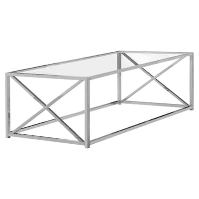 Clear Glass and Silver Iron Coffee Table Modern 22 Inch Accent - 44” x 22” x 17.25”