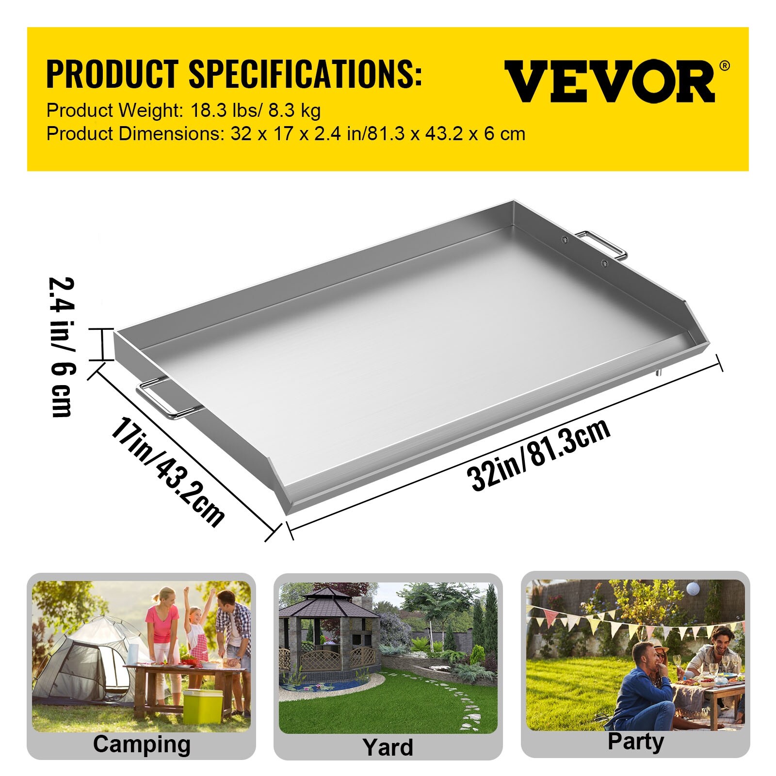 VEVOR Stainless Steel Griddle,Universal Flat Top Rectangular Plate, BBQ Charcoal/Gas Non-Stick Grill with 2 Handles and Grease Groove with Hole