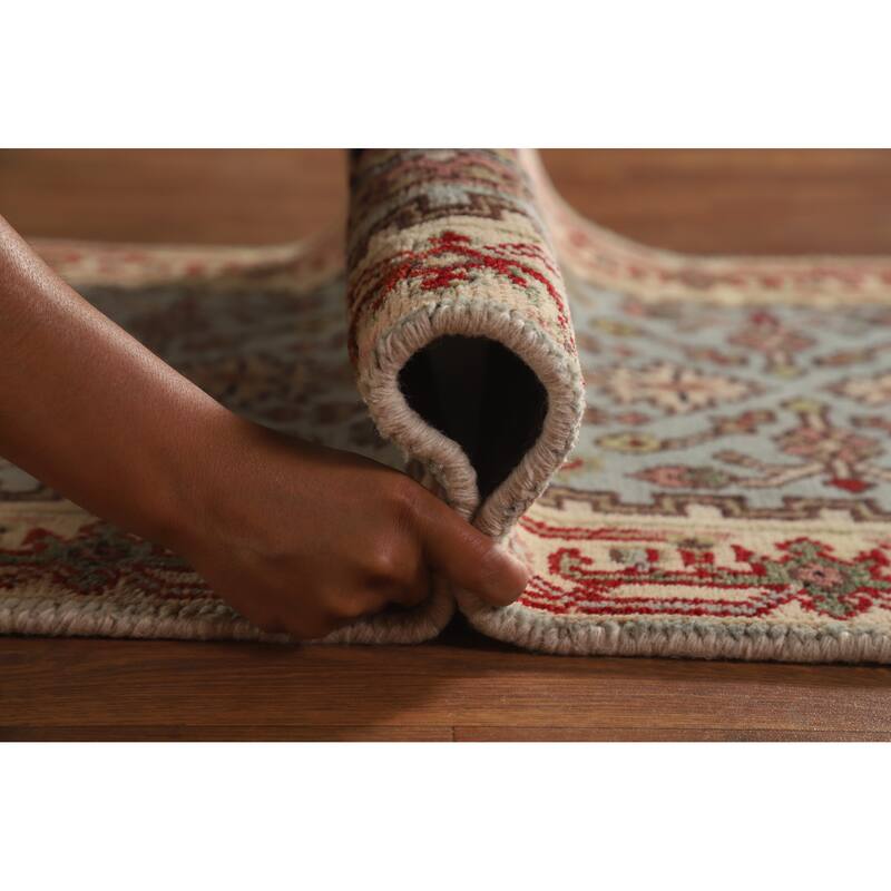 Hand Knotted Oriental 100% Wool Carpet Traditional Geometric Navy Blue & Blues Heriz (serapi) Runner Rug - 8' 1'' X 2' 5''