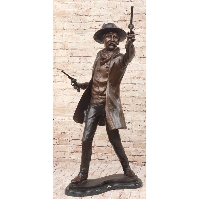 Wyatt Earp Gunslinger Wild West Sherriff Shooting Dual Pistols - Bronze Sculpture Statue Western