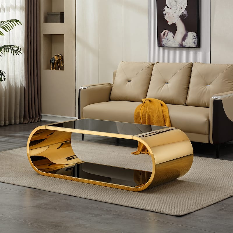 Modern Oval 2-Tier Coffee Table End Table with Gold Stainless Steel Frame, Accent Table Dining Table with Tempered Glass