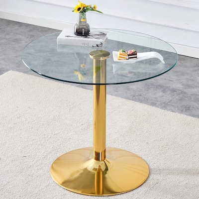 Roomfitters Round Glass Dining Table with 35 Inch Top and Gold Metal Legs for Dining or Meeting Spaces