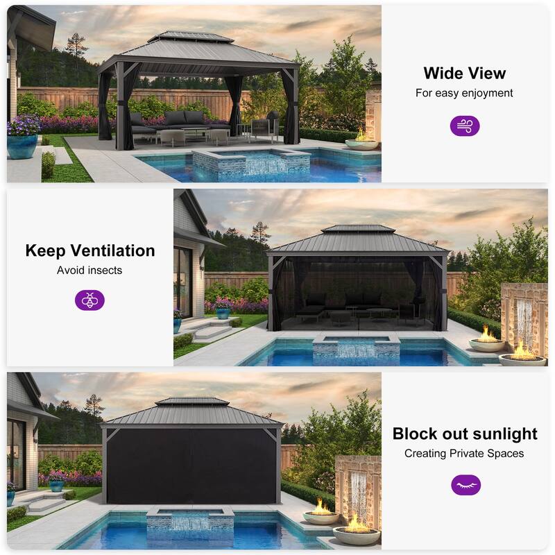 PURPLE LEAF Outdoor Gazebo Aluminum Frame Galvanized Steel Hardtop Gazebo with Bulbs