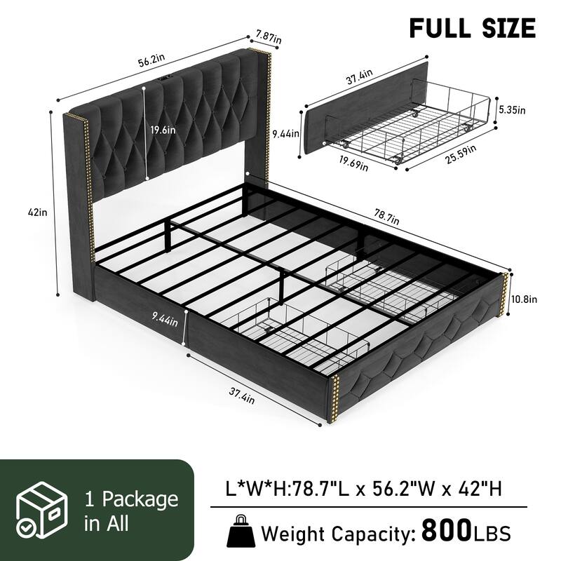 Wingback Bed Velvet Upholstered Platform Bed Frame with 2 Storage Drawers and Headboard, Charging Station, Noise-Free, Black