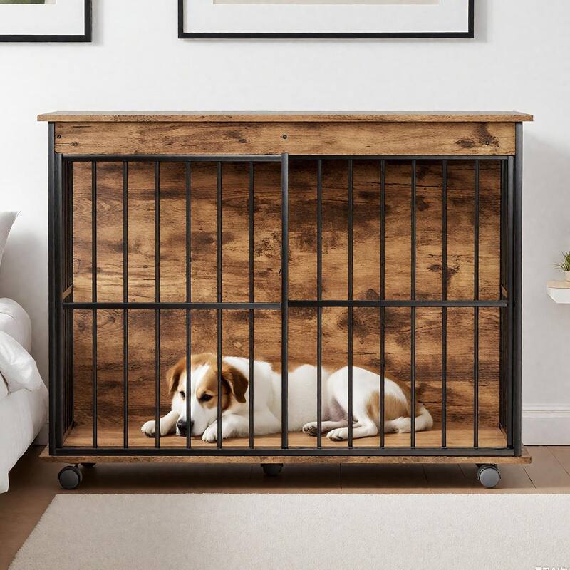 Modern Wooden Dog Crate Furniture, Large Dog Kennel Cage for Medium to Large Dogs, Pet Crate with Sliding Door & Tray