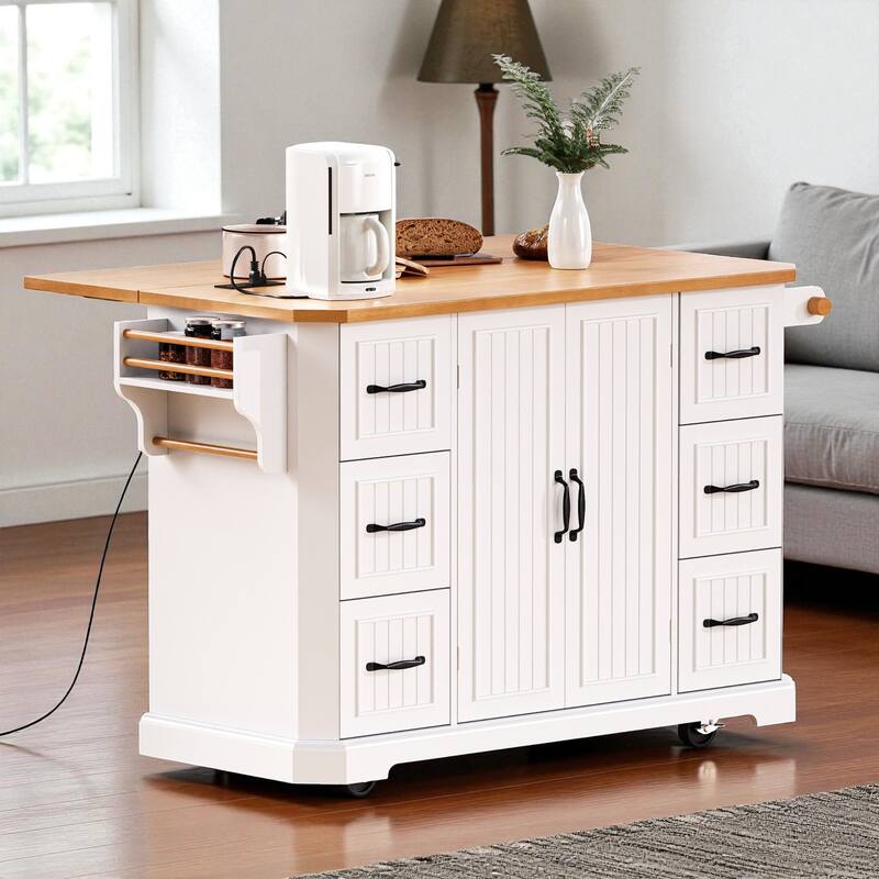 56" Kitchen Island with Drop Leaf & Power Outlet, Rolling Storage Cart with Rubber Wood Veneer Top, 6 Drawers & 4 Door Shelves - White