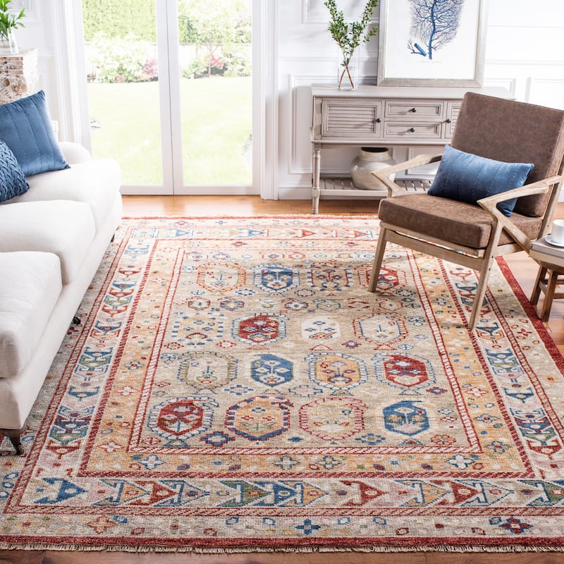SAFAVIEH Hand-Knotted Samarkand Betsan Traditional Wool Rug - 8' x 10' - Beige/Red