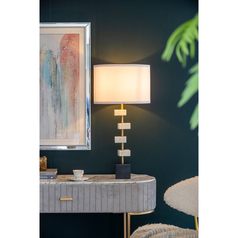 Marble Table Lamp with Brass Frame and White Fabric Shade Modern Vintage Style