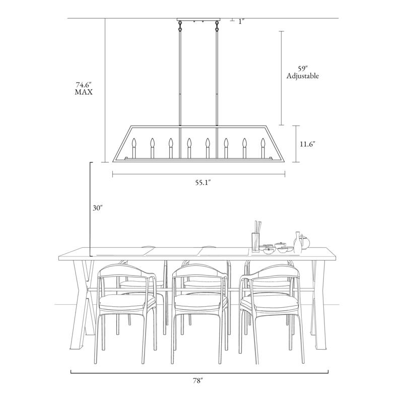 55.1 IN Modern Black Metal 8-Light Linear Geometric Chandelier Kitchen Island Farmhouse Lighting - L55.1" x W7.9" x H11.6"