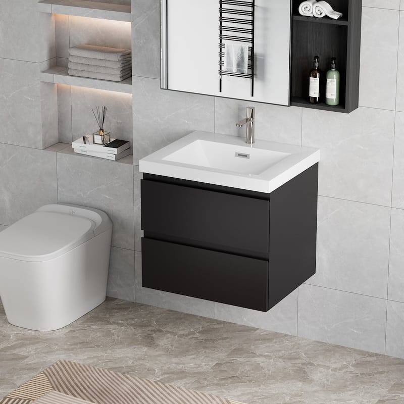 MDF Wall-Mounted Bathroom Vanity Set in Black with Integrated Culture Marble Sink