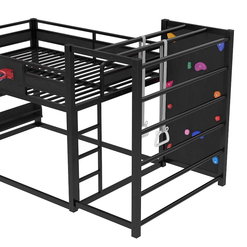 Childhood Fun Metal Loft Bed Frame with Built-in Bookshelf, Basketball Hoop, Climbing Wall, Pull-up Rings and Slide