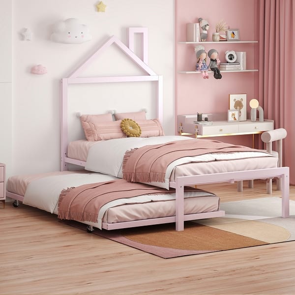 slide 2 of 18, Pink Twin Size Metal Platform Bed with Trundle & House Headboard Twin - Pink