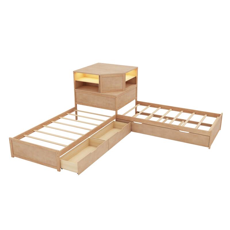 3-in-1 L-Shaped Twin Platform Bed with Trundle, LED-Lit Storage Hub & Built-In Corner Desk by Harper&Bright Designs