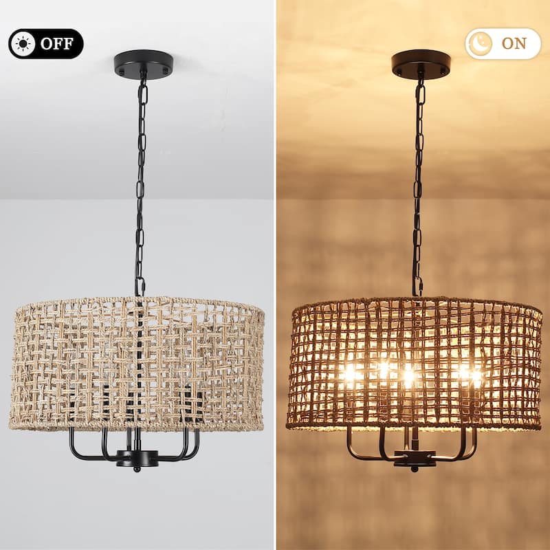 5-Light 18.89-inch Rattan Drum Chandelier for Living Room Kitchen