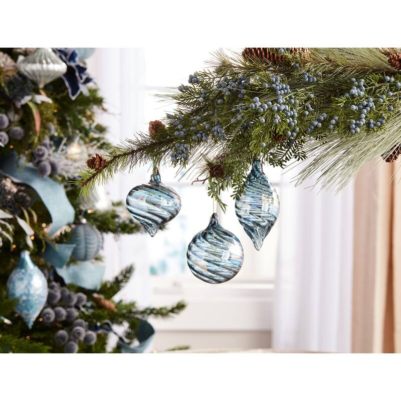 Iridescent Swirl Glass Christmas Ornaments - 5" - Blue - 12ct