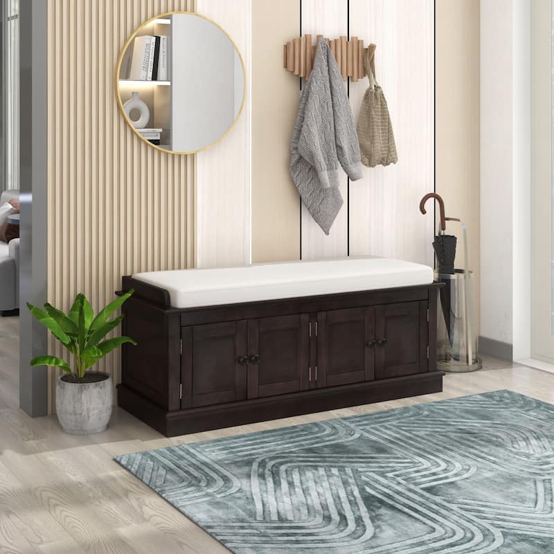 Storage Bench with 4 Doors and Adjustable Shelves, Shoe Bench with Removable Cushion for Living Room, Entryway