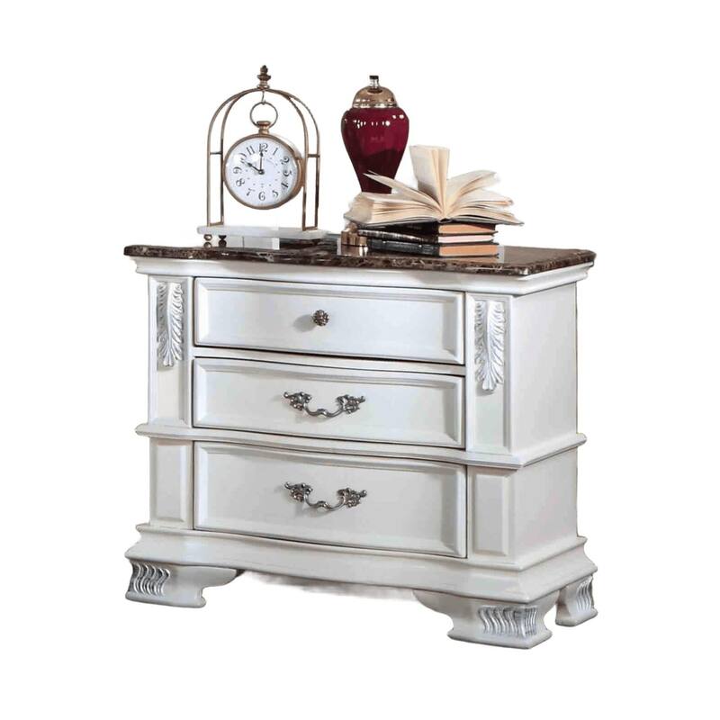 Traditional Nightstand - Pearl White Finish with Marble Top