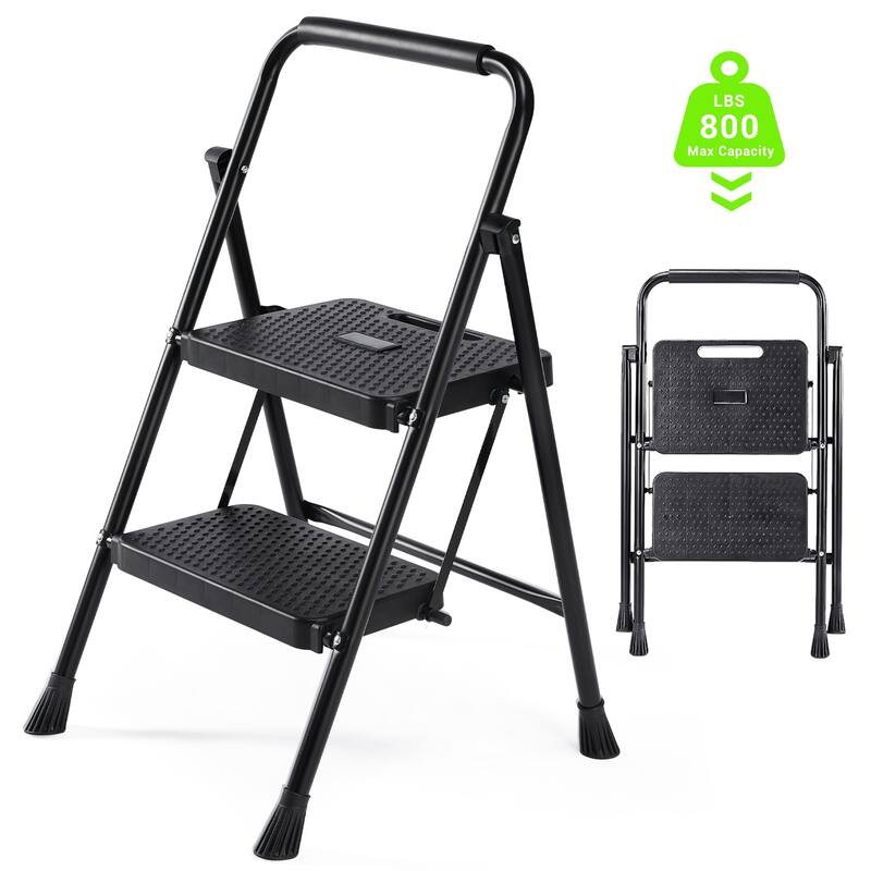 Heavy Duty 2-step Folding Ladder Stool, 800lbs Capacity, Sturdy Portable Step Stool for Home Kitchen and Outdoor - Black