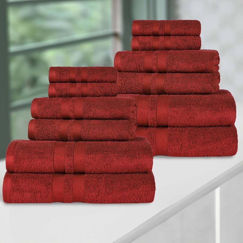 Superior Ultra-Soft Cotton Solid Quick-Drying 12 Piece Towel Set - Maroon  