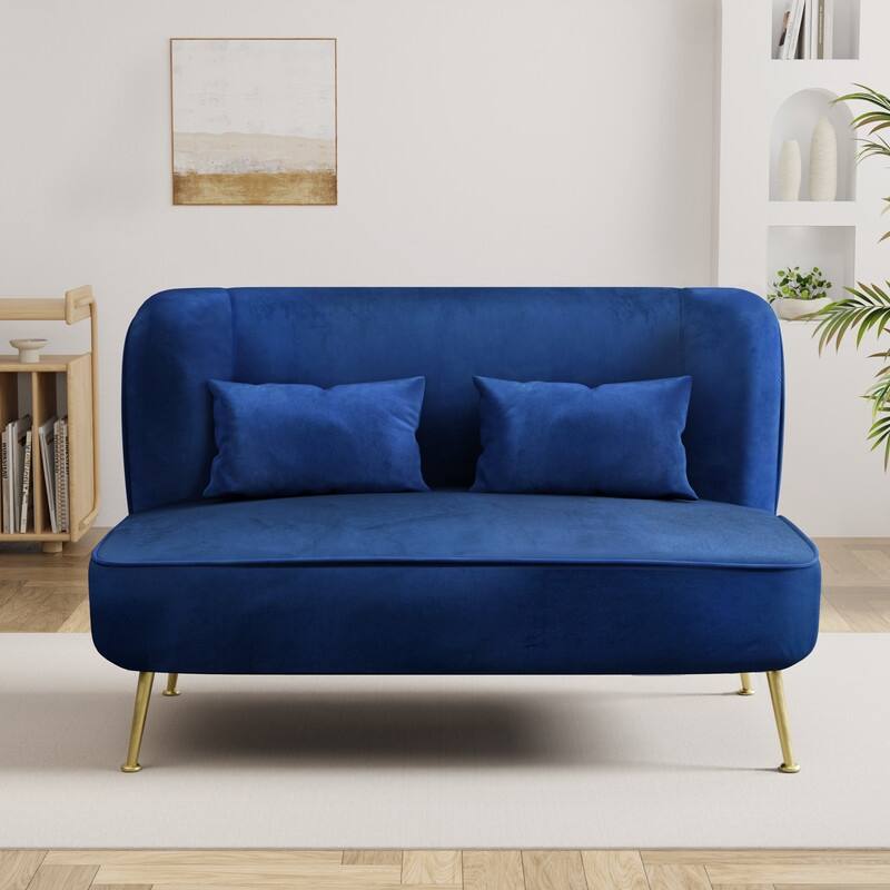 Two Pillows Velvet Upholstered Metal Loveseat - Blue Velvet
