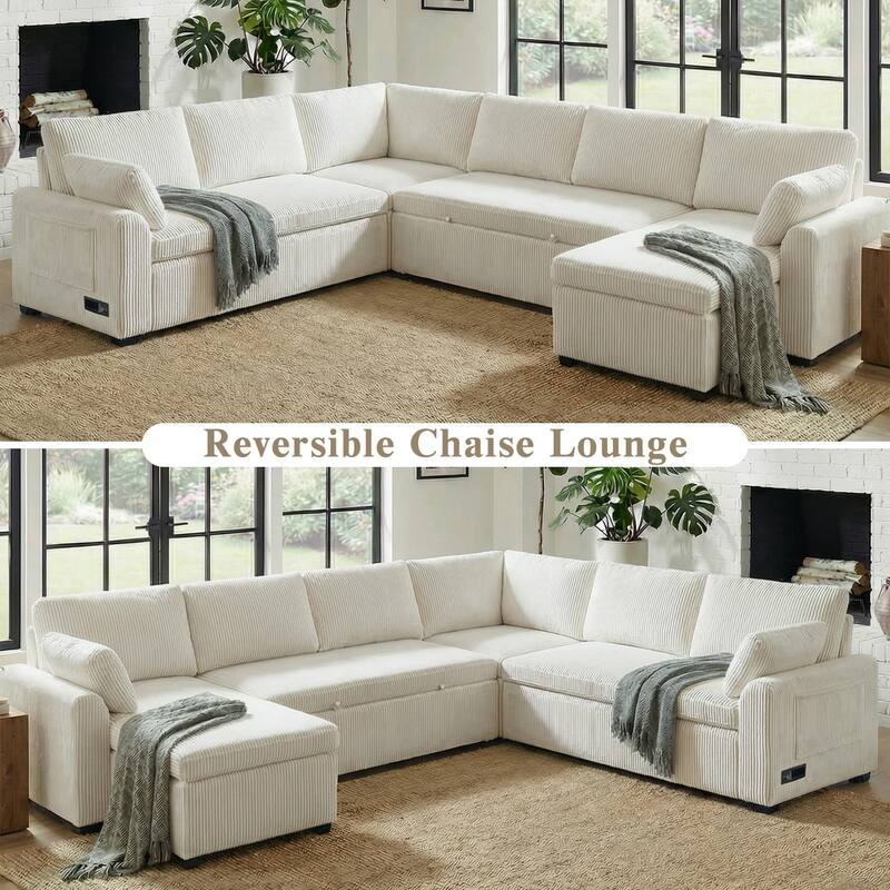 111.2" U-shaped Sofa with Reversible Chaise and Convertible Sofa Bed