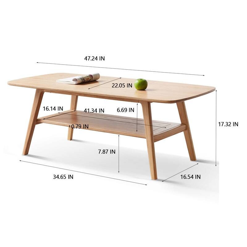 Grondin Nordic Natural Solid Wood 2-Tier Coffee Table with Shelf, Rectangle Accent Cocktail Table