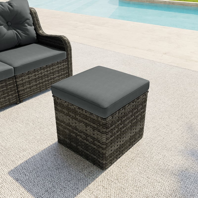 17.7" W Outdoor Rattan Patio Square Ottoman with Seat Cushion - Dark Grey