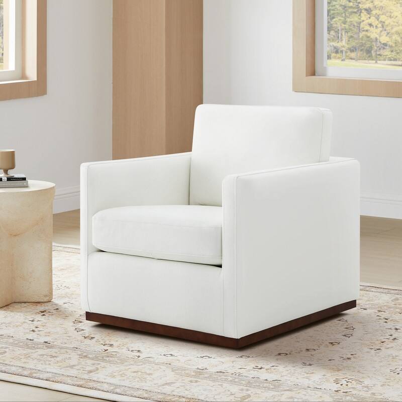 Spruce & Spring Modern Swivel Accent Chair with Wooden Base - Single - White-Leather